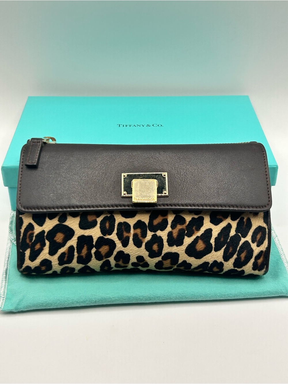 Tiffany & Co. Leopard Print Leather Clutch in Brown and Tan